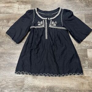 Shulami Womens Black Cotton Silk Embroidered Babydoll Tunic Top Size M X-201